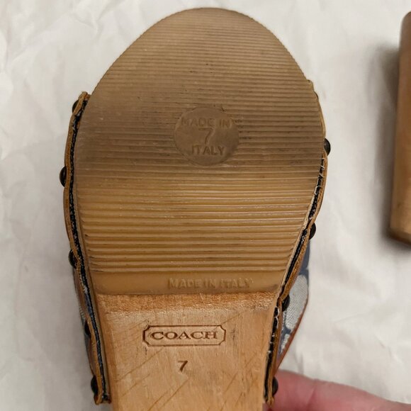 Coach Brenda Logo Wooden Platform Heeled Sandals Sz 7 Blue Made in Italy - Picture 6 of 12